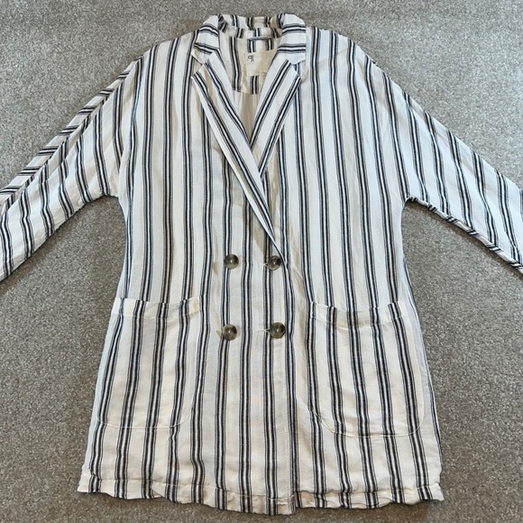 Pilcro Anthropologie Linen Blend Striped Double Breasted Blazer Jacket XS Cream - Picture 5 of 13